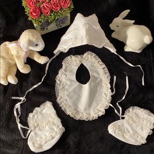 NWOT VTG Christening Baptism Handmade BELGIUM LACE newborn doll clothing hat bib
